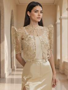 Amyenjoylife 现代菲律宾风蝴蝶袖女士春夏蕾丝泡泡袖短款开衫披肩，香槟色上衣 - 香檳色 - 查看 5