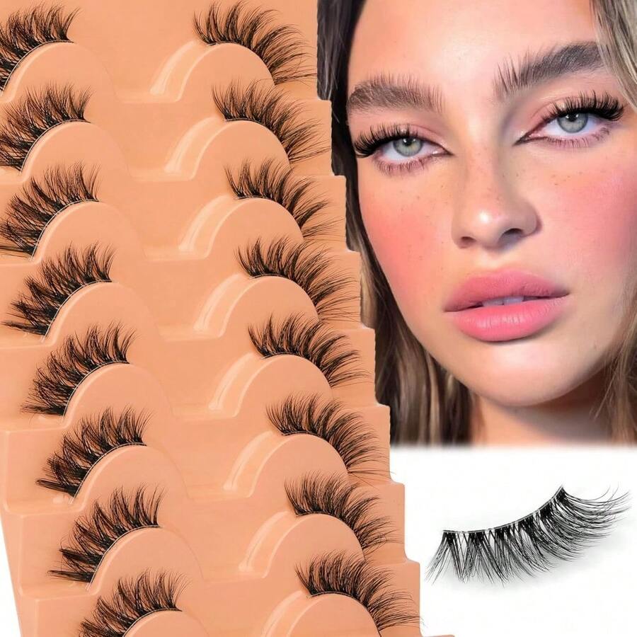 Russian Lashes Clear Band False Eyelashes Natural Look D-Curly Fake Lashes Russian Strip Faux Mink Eyelashes 9 Pairs Pack - B1-半眼 - 查看 1