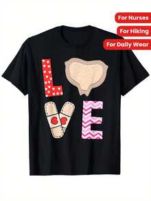 Mepilex Love Heart Bandage Design T-Shirt, 100% Cotton Crew Neck Casual Tee For Nurses, Medical Professionals, Unisex Fit, Digital Heat Transfer Print, Ideal For Hiking & Daily Wear, Sizes S-XXXL, Nursing Themed Apparel | Casual Crew Neck | Cotton Comfort Tee - 黑色 - 查看 1