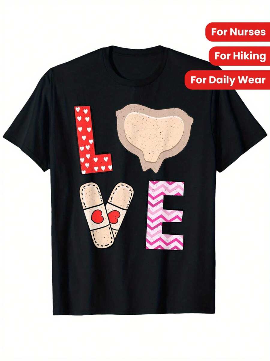 Mepilex Love Heart Bandage Design T-Shirt, 100% Cotton Crew Neck Casual Tee For Nurses, Medical Professionals, Unisex Fit, Digital Heat Transfer Print, Ideal For Hiking & Daily Wear, Sizes S-XXXL, Nursing Themed Apparel | Casual Crew Neck | Cotton Comfort Tee - 黑色 - 查看 1