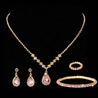 5 件闪亮水钻首饰套装，包括耳环、戒指、手链、项链、Y2K 可爱风格新娘婚纱配饰