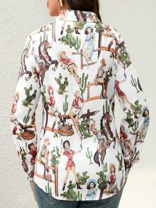 西部风格女士卡通印花长袖翻领纽扣衬衫，有白色、粉色、红色可选 - 白色 - 查看 4