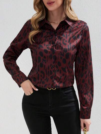 Leopard Print Long Sleeve Women Shirt With Full Leopard Pattern And Front Buttons