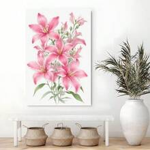 1Pc Framed Wall Art Pink Lilies, Floral Decoration, Watercolor Style Canvas Poster Paintings Ideal Gift For Living Room Bedroom Corridor Wall Decor Room Decoration Ready To Hang - 彩色 - 查看 4