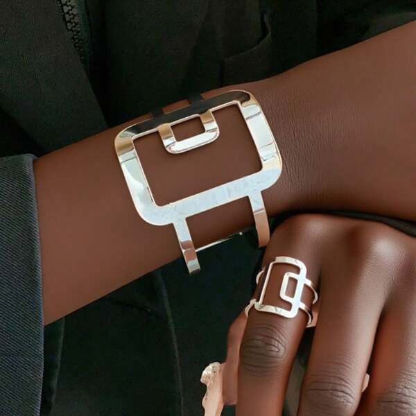 Set de 2 piezas: Brazalete geométrico elegante y juego de joyas con anillo ajustable, accesorios casuales adecuados para uso diario, excelente regalo para familiares y amigos