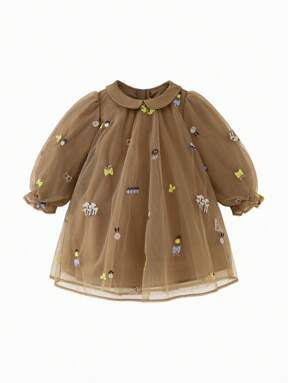 mini bala فستان بنات مطرز من الشباك، فستان حفلة بياقة دمية حلوة