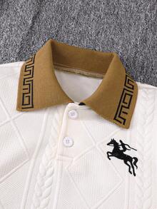 2pcs/Set Toddler Boys' Casual Style Apricot Long Sleeve Top And Pants Set, Collar, Textured Fabric, Embroidery, Suitable For Everyday, Casual, Vacation, Party, Spring/Autumn - Apricot - View 3