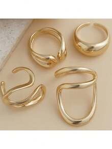 一款独特的不对称镂空造型女士戒指，带有一丝欧美风格，散发着高级时尚和夸张的感觉，非常适合日常佩戴、节日、生日、周年纪念日或街头摄影。 - 金色 - 查看 9