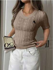 Maglietta marrone slim con scollo a V e ricamo, elegante per il business e il tempo libero in tutte le stagioni/estate. Adatta per casual, quotidiano, appuntamenti, casa, ufficio, feste, festival, shopping, Natale, Ringraziamento, vacanze/Top stile Y2K/Streetwear/Punk/Taglie forti per l'inverno/Eleganti bluse da donna per l'estate - Moka Marrone - Visualizzare 2