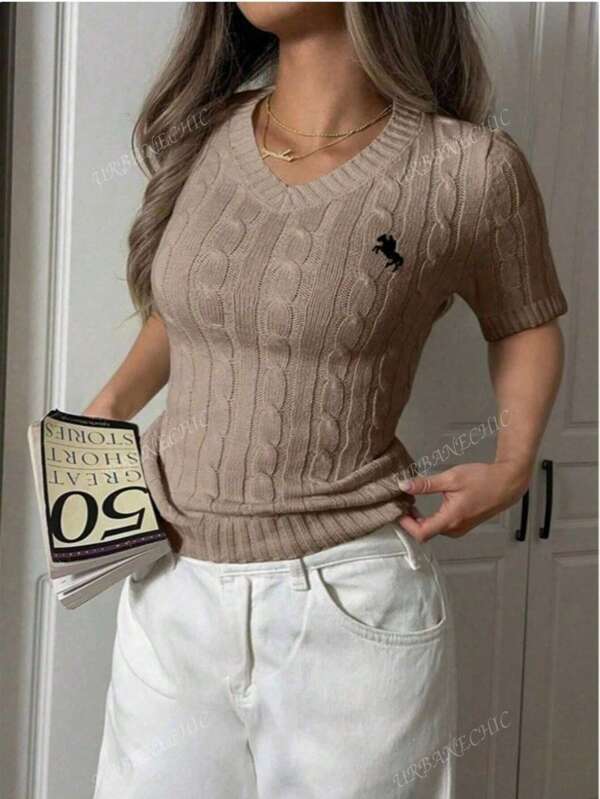 Women's Plus Size V-Neck Embroidered Slim Knit Top, Elegant For Business And Leisure In All Seasons/Early Autumn/Summer. Suitable For Casual, Daily, Dating, Home, Office, Party Gatherings, Festivals, Shopping, Halloween, Christmas, Thanksgiving, Holidays