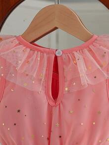 年轻女孩夏季轻盈网眼 V 领松紧腰公主裙，带星星贴花，优雅适合生日海滩派对 - 西瓜粉 - 查看 5