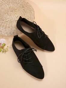 女士系带平底鞋，复古尖头绒面平底鞋，舒适复古一脚蹬鞋 - 黑色 - 查看 4