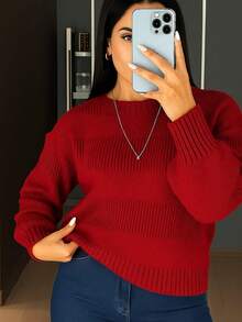 Women's Knitted Blouse With Striped Details - Red - View 1