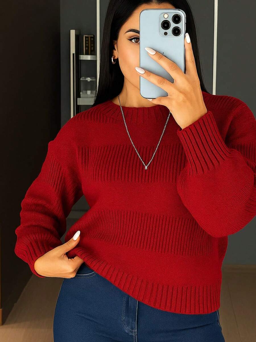 Women's Knitted Blouse With Striped Details - Red - View 1