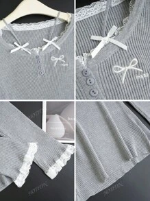Women's Semi-Open Collar Bow Lace Splicing Knit Sweater, Slim Fit Long Sleeve T-Shirt Top