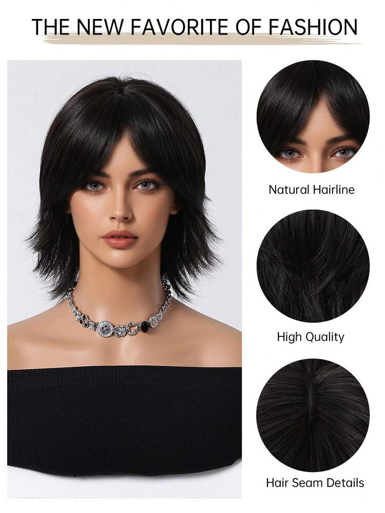 Peluca sintética de cabello negro corto con flequillo, estilo mullet de 10 pulgadas de largo para uso diario, fiestas y cosplay - Negro - Ver 7