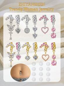 2Pcs Fake Belly Button Piercing For Women Dangle Butterfly Heart Clip On Belly Button Rings Silver Gold Pink Fake Belly Button Rings Non Piercing Belly Rings Stainless Steel Faux Navel Jewelry
