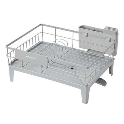 SONGMICS Escurreplatos, Escurridor para Cocina, Giratorio 360° y Extensible, con Soporte para Cubiertos, 31 x 42 x 18.5 cm, Gris Paloma MKCS550G01