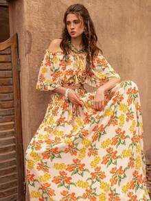 Faeriesty BohoBloom Bohemian Style Women's 2-Piece Set, Off-Shoulder Ruffle Blouse Paired With A-Line Skirt - Ideal For Casual Park Strolls, Weekend Country Getaways, Beach Walks, Picnics, And Leisure Outings With Friends - Orange - View 5