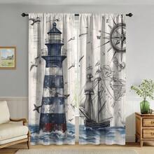 A Pair Of Antique Marine Theme Translucent Curtain Panels-2pcs Marine Sailboat, Seagull, Lighthouse And Compass Printed On Wood Grain Background-Rod Pocket Hanging-Transparent Polyester Curtain For Living Room, Bedroom, Kitchen-Machine Washable