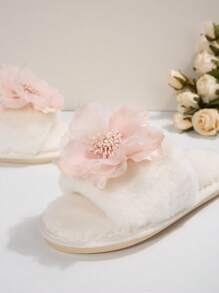 2025 New Floral Fluffy Slippers For Women, Flat Open Toe Non-Slip Indoor Outdoor Wear, Fur Slides With Chinese Style Bohemian Patch, Autumn/Winter