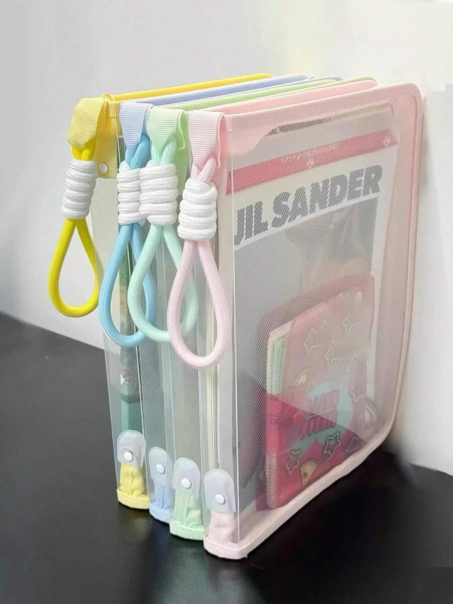1 pieza Carpeta de archivo A4 transparente color macaron para volver a la escuela, gran capacidad para libros, bolsa de almacenamiento con cremallera, bolso impermeable, incluye color a juego - Multicolor - Ver 1