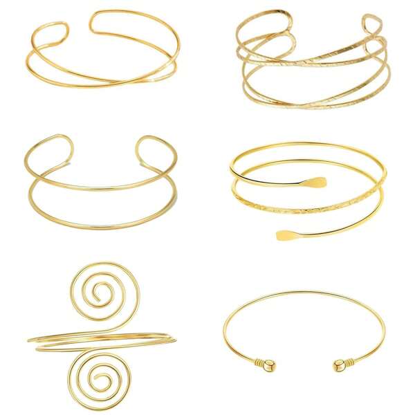 6 pièces/set de bracelets femme minimalistes plaqués or 18 carats, ensemble de bracelets de bras en métal géométrique exagéré. Bracelet réglable pour les vacances d'été;