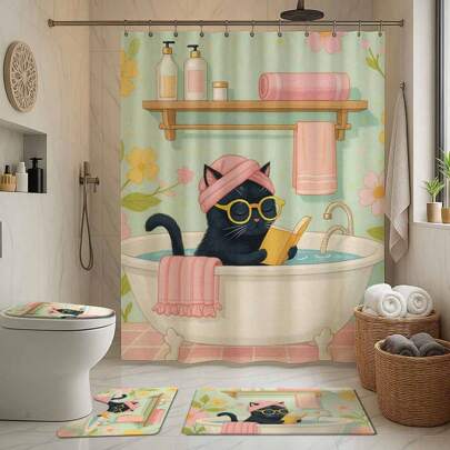 Juego de cortina de ducha con temática de gato negro remojándose en la bañera, que incluye alfombra de baño, alfombra en forma de U para el inodoro, alfombra para la tapa del inodoro, cortina de ducha impermeable, cortina de moda para la decoración del baño, estilo moderno, sin necesidad de perforar, hecho de poliéster, lavable a máquina