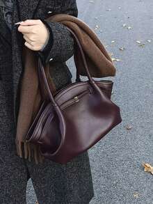 1 件纯色 PU 皮革女士单肩包，复古时尚大容量手提包，双手柄，按扣设计，适合旅行、购物、约会、女士礼物 - 适合青少年、大学女生、初学者和商务女士，非常适合办公室、学校、工作、商务、通勤、户外、旅行、徒步旅行 - Bold Plum - 查看 10