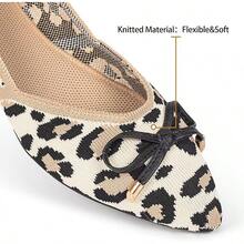 Womens Flat Shoes Classic Pointed Toe Flats Knitted Dress Shoes Soft Comfortable Dressy Flats Women - 豹紋和蝴蝶結 - 查看 4