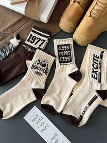 5 Pairs Random Style Letter & Number Print Men's Crew Socks, Fashionable & Unique Sports Crew Socks, Autumn Socks