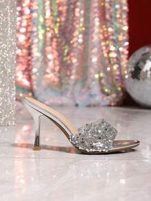 Elegant Women's High Heel Slip-On Slide Sandals, Summer Vacation Style, Glossy Sexy Slip-On French Mule Shoes For Party, Ball And Holiday - Silver - View 5