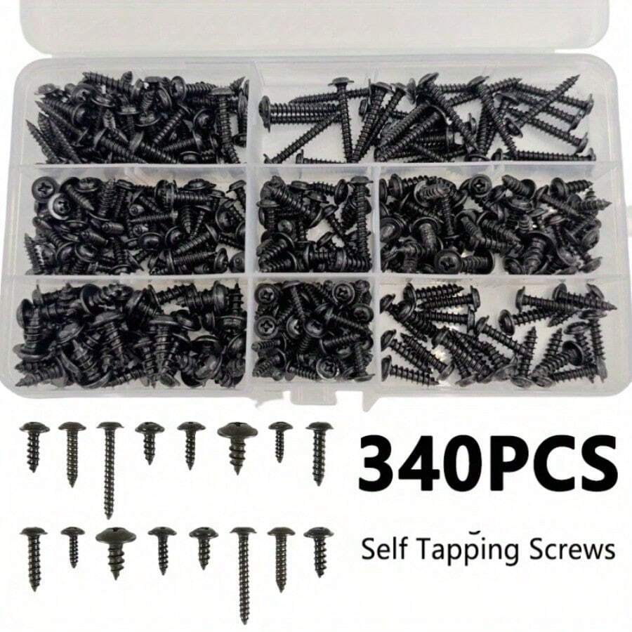 340 件自攻螺丝套装 - M3/M4/M3.5/M4.8 尺寸，盘头驱动，黑色碳钢，适用于木制家具 - 黑色 - 查看 1