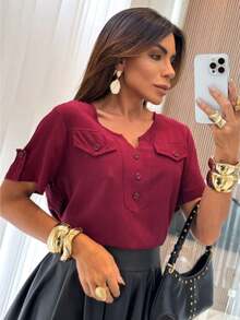 T-SHIRT FEMININA  COM BOTÕES NA FRENTE E MANGAS - Vinho - Visão 3
