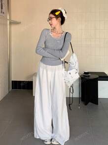 Women's Semi-Open Collar Bow Lace Splicing Knit Sweater, Slim Fit Long Sleeve T-Shirt Top