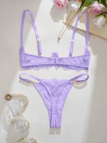 性感内衣，时尚粉色花卉蕾丝文胸内裤套装，无钢圈文胸和内裤 - 紫羅蘭色 - 查看 2