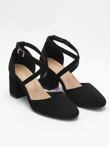 Giày cao gót đế vuông mũi nhọn thời trang nữ thu/đông đa năng, hàng mới 2025 mùa hè, giày cao gót thanh lịch mũi vuông bằng da lộn cho mọi mùa, thanh lịch - màu đen - Xem 1