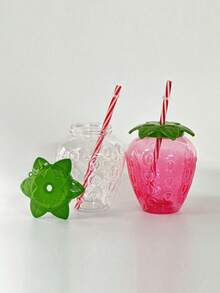 1 pieza Vaso con forma de fresa linda con pajita y tapa, vaso de diseño de fresa de plástico, taza decorativa de fresa creativa, taza portátil adorable para té con leche/fruta para el hogar, fiestas, uso al aire libre, regalo perfecto para cumpleaños, Día de San Valentín, Día de la Madre - Multicolor - Ver 6