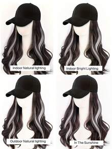 20 英寸波浪卷曲 K 型棒球帽 - 棕黑色，带白茶灰色亮点，高温纤维优雅女士日常穿着、派对和休闲运动装，日常头饰时尚头饰，深波浪假发 - 挑染棕色 - 查看 4