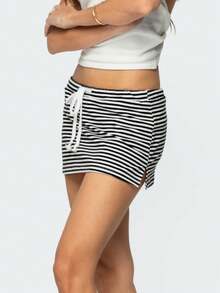 Women Y2k Mini Skirts Solid Color Low Rise Drawstring Skirts Elastic Waist Bow Front Short Skirt Stretchy Side Slit Pencil Skirts Summer Casual Streetwear - 黑與白 - 查看 6