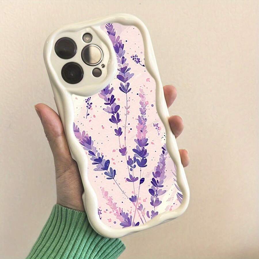 Funda para teléfono 1 funda blanda para teléfono X/ 11/ 12/ 13/ 14/ 15/ 16 Pro | Diseño ondulado con fondo de patrón floral de lavanda bastante púrpura: chicas y hombres lindos - Blanco - Ver 1