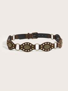 1 件棕色牛皮斑点印花 PU（聚氨酯）腰带，百搭配饰，适合连衣裙、裙子、牛仔裤、休闲街头风格时尚，适合日常穿着