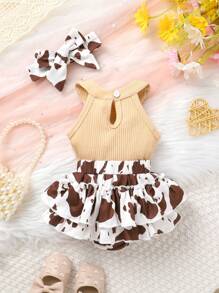 2pcs Set Casual Elegant Sweet Cute Baby Girl Outfit, Soft Comfortable Bow Decor Letter & Bull Head Print Ruffle Backless Romper Dress & Headband, Newborn Infant Girl Clothes, Girl Dress, Toddler Girl Clothing, Suitable For Daily Use, Vacation, Party, Photo Shoot