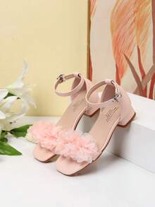 Sandal Musim Panas Ujung Persegi Tumit Persegi Dekorasi Bunga Sepatu Dansa Hak Tinggi Anak Perempuan Sandal Aktivitas Sehari-hari Pertunjukan Siswa - Berwarna merah muda - View 7