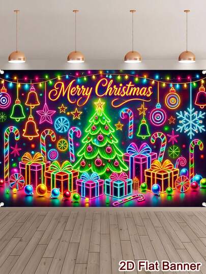 1 件聚酯荧光圣诞快乐横幅背景夜光圣诞树图案圣诞背景装饰圣诞快乐家居装饰 2025 新年快乐 2026 装饰节日背景布圣诞装饰壁挂挂毯房间家居装饰 2D 平面节日场景节日装饰