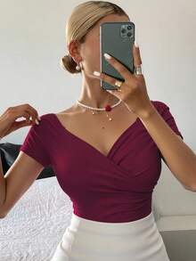 Livesso Women's Solid Color Overlap V-Neck Short Sleeve T-Shirt, Summer - Burgundy - View 1