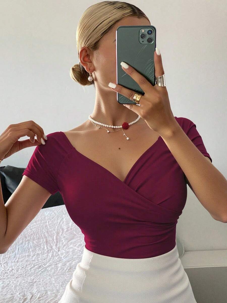 Livesso Women's Solid Color Overlap V-Neck Short Sleeve T-Shirt, Summer - Burgundy - View 1