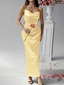 Look Polly 夏季女装，奶油黄色真丝长裙吊带裙，婚礼女装秋季女装，返校服，派对女装露肩礼服舞会礼服，优雅性感露腿长裙返校节礼服万圣节服装女士圣诞服装