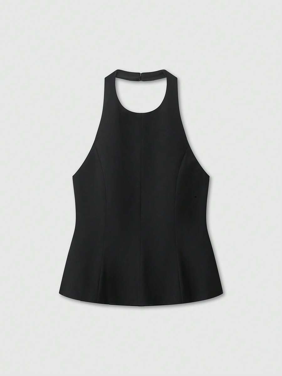 女式纯色时尚无袖露背短款上衣 - 黑色 - 查看 1
