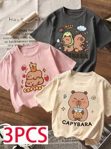 3pcs/Set Tween Girls' Capybara Print Short Sleeve T-Shirts, Suitable For Tween GirlsIn Summer